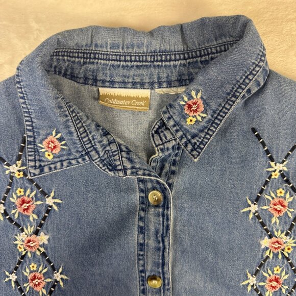 Vintage Denim Button Up Embroidered Floral Print Oversized Large Western Cottage - Picture 3 of 8